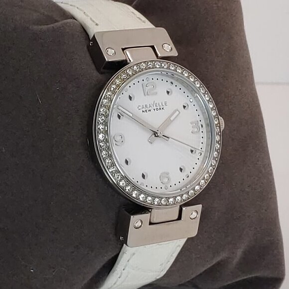 Caravelle Ladies Dress Watch By Bulova Crystal Bezel Reversible Strap 32mm - Picture 3 of 15